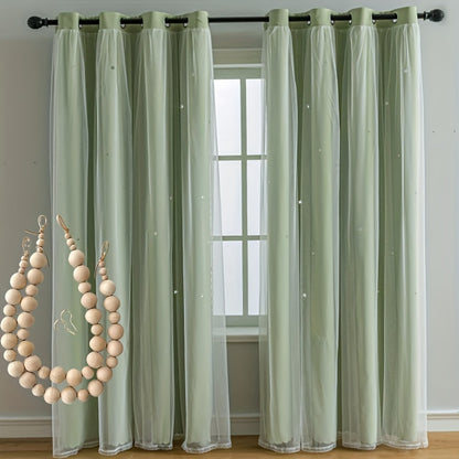 4Pcs Set Of 2 Pieces 41X85 Inch Star Curtain + 2 Pieces Nordic Style Wooden Bead Curtain Strap Double Curtain Bedroom Curtain Blackout Hollow Star Curtain Romantic Curtain