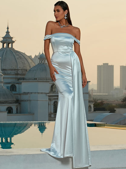 Solid-Colored Off Shoulder Dress - Exquisitely Elegant with Daring Backless Design, Beautifully Ruched Details, Flattering Slim-Fit Silhouette, and Flowing Floor-Length Hem - Perfect for Bridesmaids and Formal Occasions, Womens Formal Wear