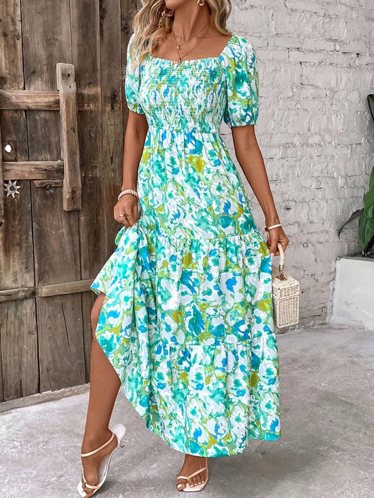 Charming Floral Print Square Neck Dress - Flattering Shirred Waist & Puff Sleeves - Perfect Spring & Summer Style for Women