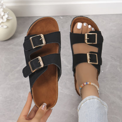 Womens Soft Flannel Double Buckle Slides - Lightweight, Flat Heel, Open Toe, Slip-on Design, PU Sole, Flannel Insole, Perfect for Summer Holidays and Casual Walking