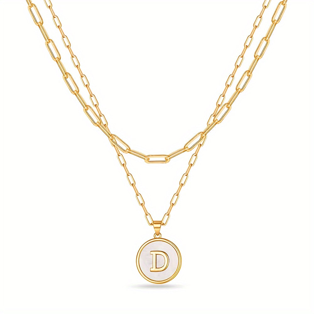 Chic Double-Layered Gold Initial Necklaces - Paperclip Chain with Round Shaped Letter Pendants - Elegant Accessory for Every Occasion