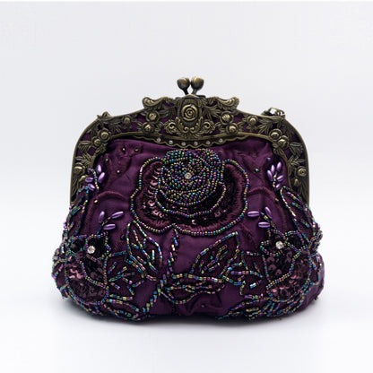 Flower Embossed Beaded Handbag, Kiss Lock Rose Elegant Clutch Bag, Vintage Style Mini Handbag