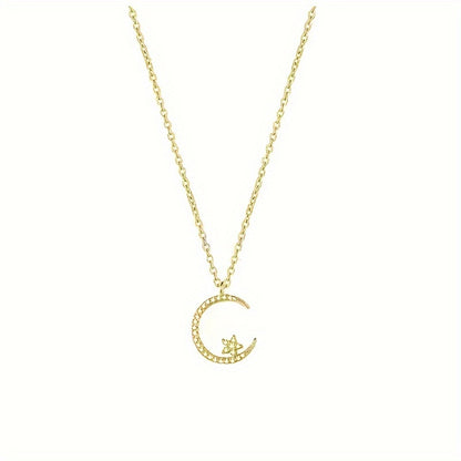 Star Moon Super Sparkle Exquisite Dainty Zircon Ramadan Pendant Necklace, Minimalist Elegant Lovely Versatile Daily Wear Clavicle Chain Jewelry