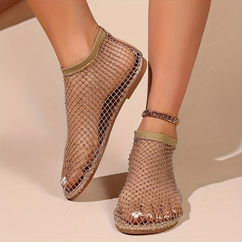 Stylish Women's Rhinestone Flat Sandals - Breathable Hollow Out Mesh Design, Slip-On Comfort, Fashionable Outdoor Beach Shoes for Summer