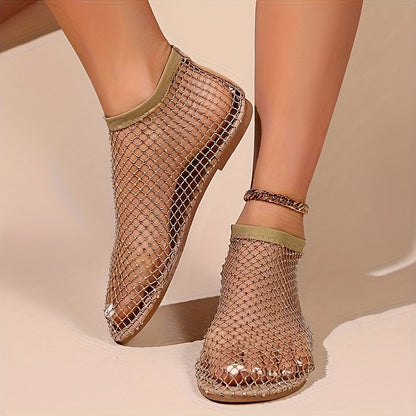 Stylish Women's Rhinestone Flat Sandals - Breathable Hollow Out Mesh Design, Slip-On Comfort, Fashionable Outdoor Beach Shoes for Summer