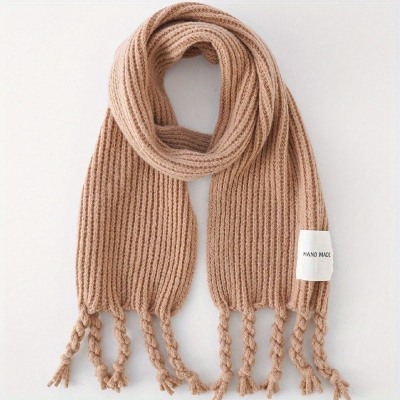 1pc Children's Winter Knitted Warm Tassel Plain Color Color Scarf With Cloth Label