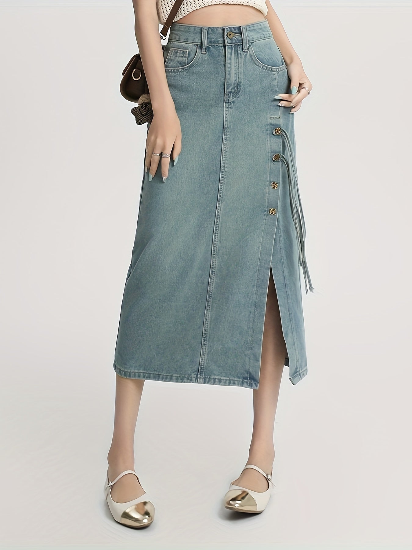 Womens High-Waisted Elegant Denim Midi Skirt - Versatile Summer Skirt with Side Slit, Buttons, Tassel Detail, and Classic Portrait Pattern - Non-Stretch, Woven, and Perfect for Spring, Summer, and Fall Seasons