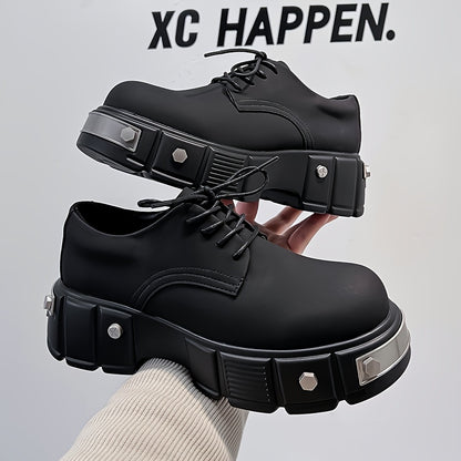 Chunky Low Top Punk Style Boots for Men - Comfy, Non-Slip, Durable, Lace-Up, Solid Color, PU Upper, Casual Shoes for Outdoor Activities and Daily Wear