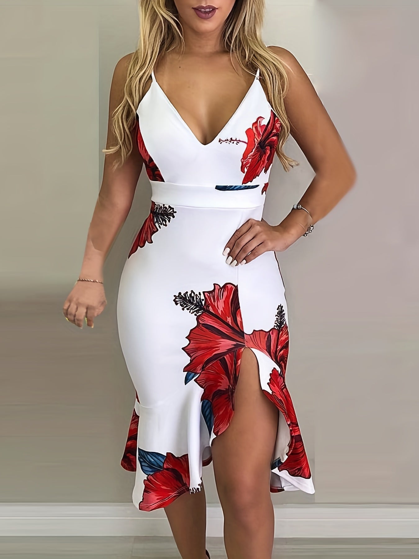 Spring/Summer Chic Floral Bodycon Dress - Sexy V Neck with Asymmetrical Ruffle Hem, Durable Stretch Knit Fabric & Spaghetti Straps