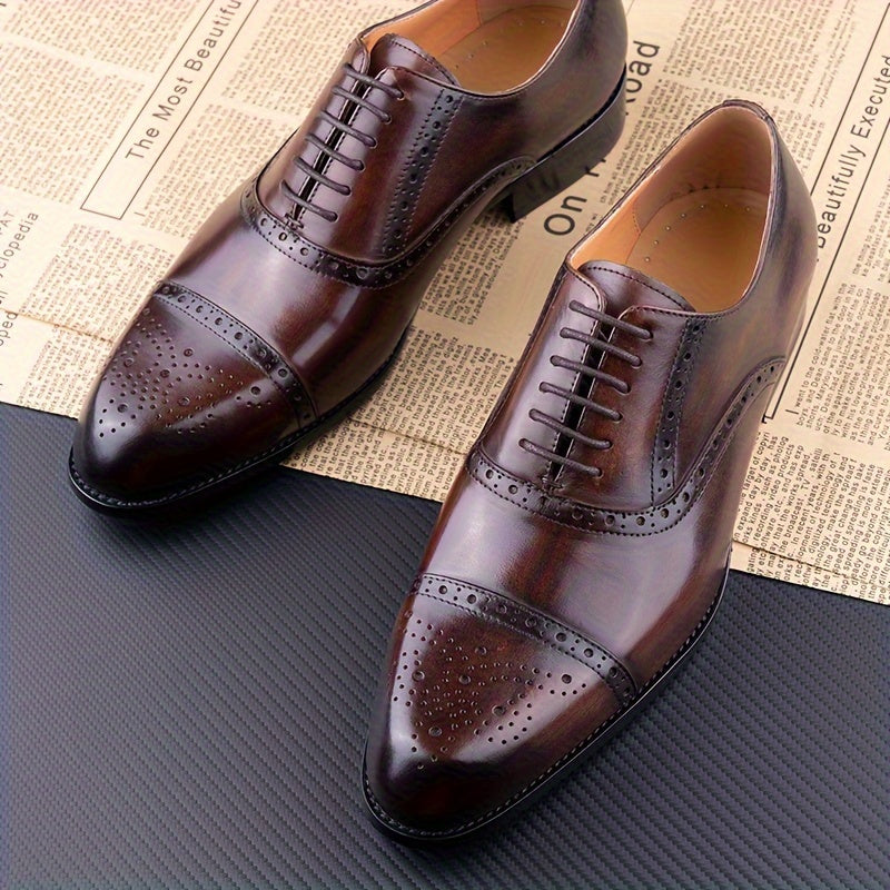 Premium Leather Men's Cap-Toe Oxfords - Brogue Detailing, Durable Lace-up Design - Ideal for Business & Daily Office Wear