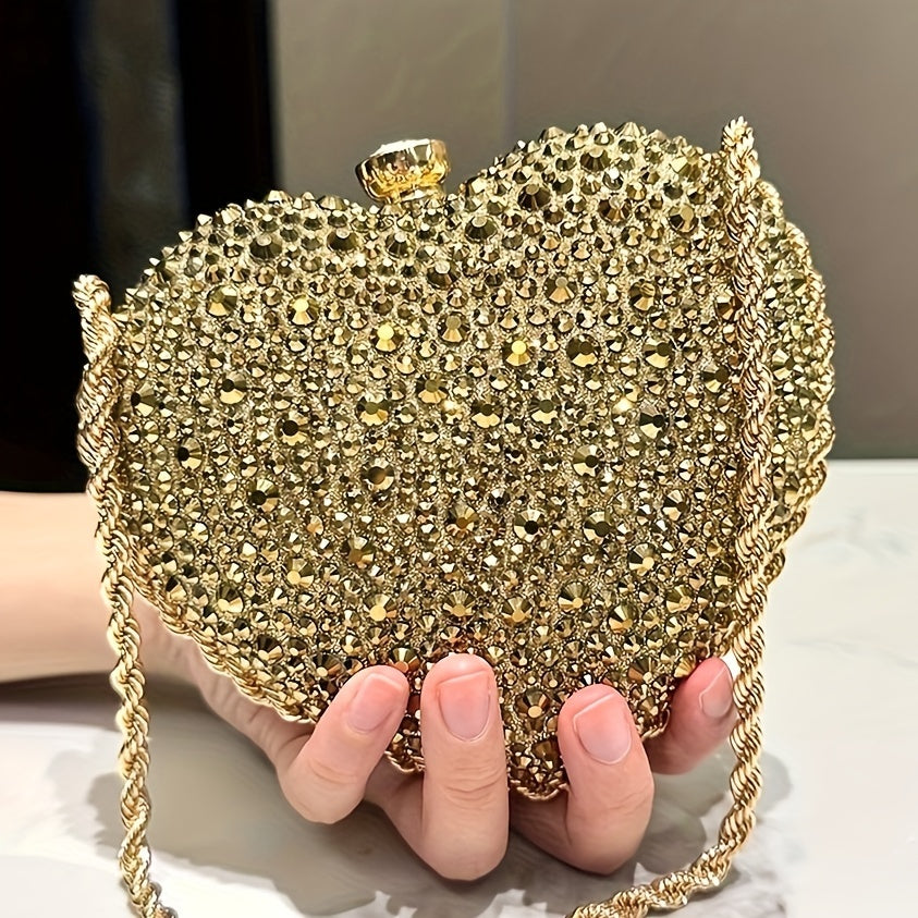 Rhinestone Heart-Shaped Clutch Purse, Fashionable Evening Bag With Chain Strap, Glittering Elegant Handbag For Parties, Prom, Weddings