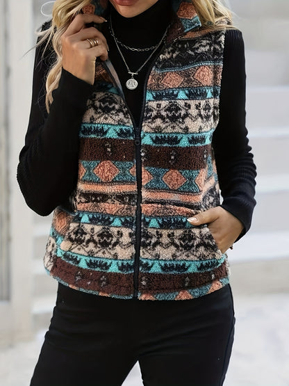 Vintage Chic Fuzzy Vest - Zipper Front, Sleeveless, Ethnic Pattern, Soft and Cozy Outwear for Fall and Winter - Women's Clothing, Perfect for Casual Daily Wear