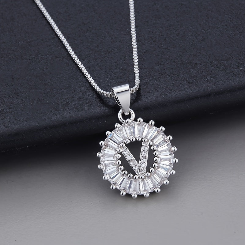 Silver Color Round Small 26 Letters Pendant Necklace Inlaid Zircon Women's Elegant Jewelry Gift