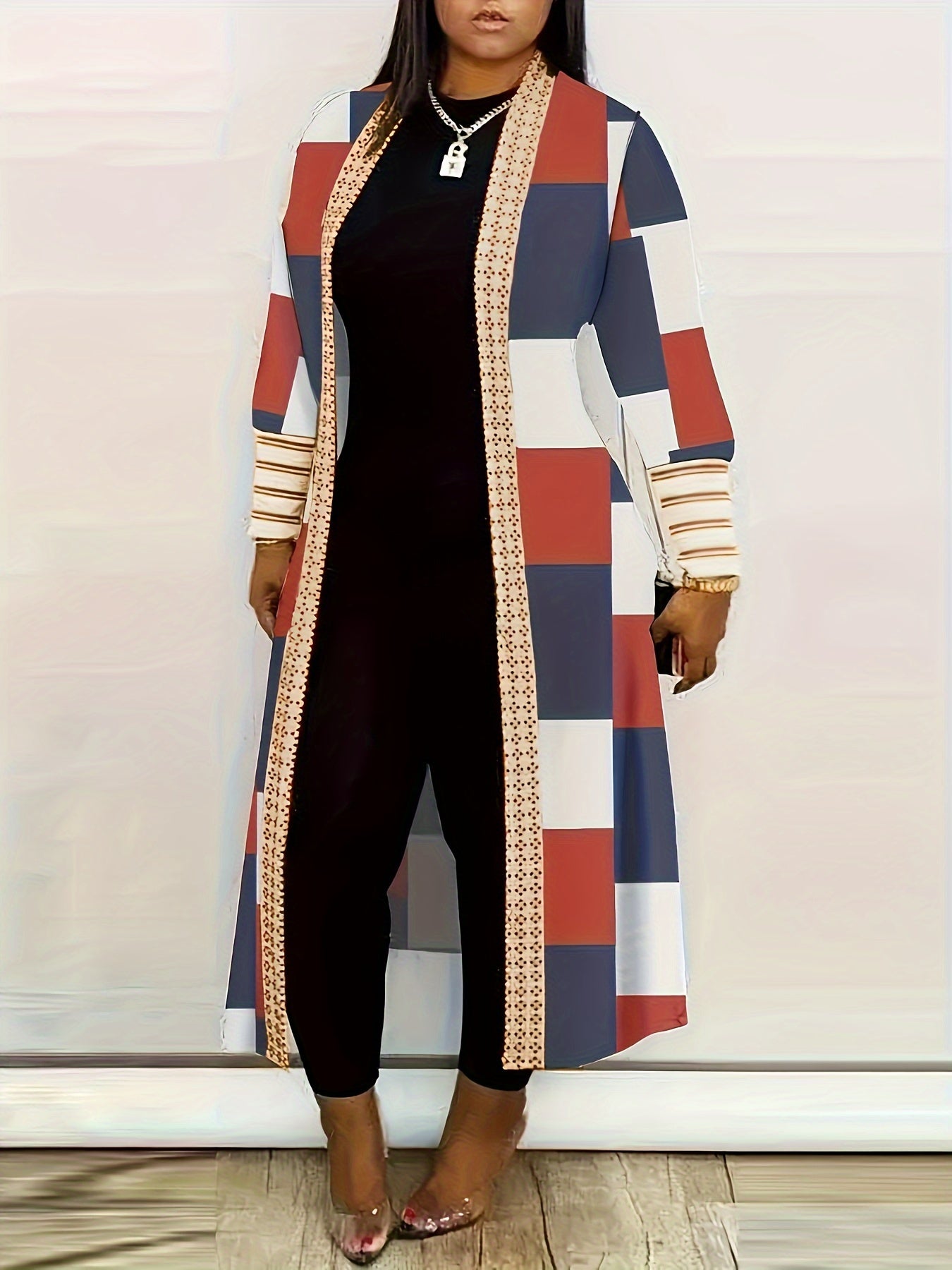 All-Season Chic Geometric Print Cardigan - Elegant, Durable Knit with Easy-Care Elasticity