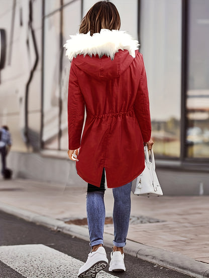 Womens Chic Thermal Parka Coat with Faux Fur Hood - Zip & Button Closure, Front Pockets, Ideal for Cold Weather