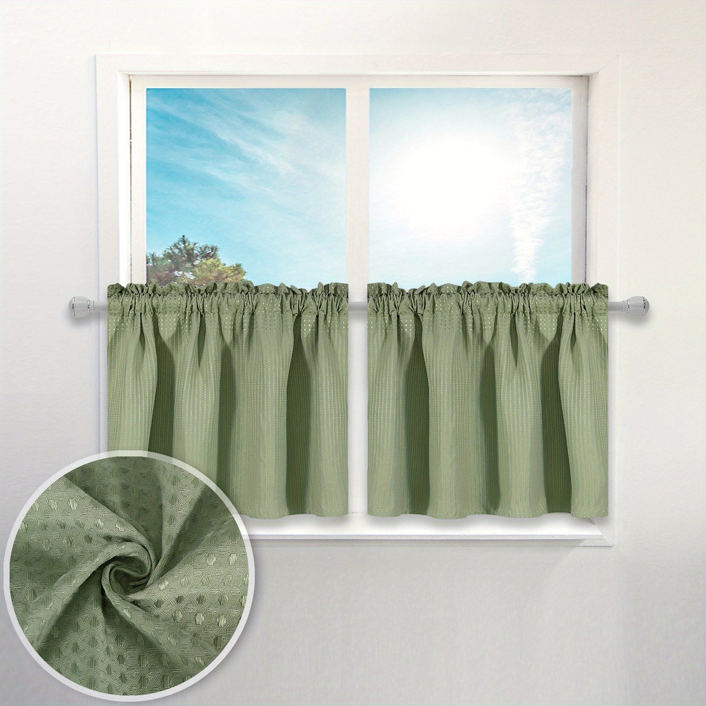 2pc Waffle Weave Half Window Curtains, Small Bathroom Window Curtains, Waterproof Rod Pocket Window Treatment For Cafe Kitchen Bar Home Decor