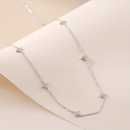 Elegant & Cute 925 Sterling Silver 2.7g Four-Leaf Clover Necklace with Artificial Zirconia Accents, Chic Everyday Versatile Jewelry