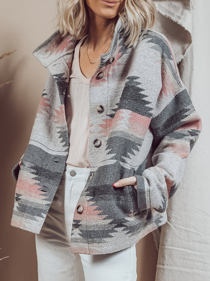 Bold Aztec Pattern Womens Jacket - Timeless Vintage Buttons, Long Sleeve Front Fastening - Stylish Casual Outerwear for Everyday Chic