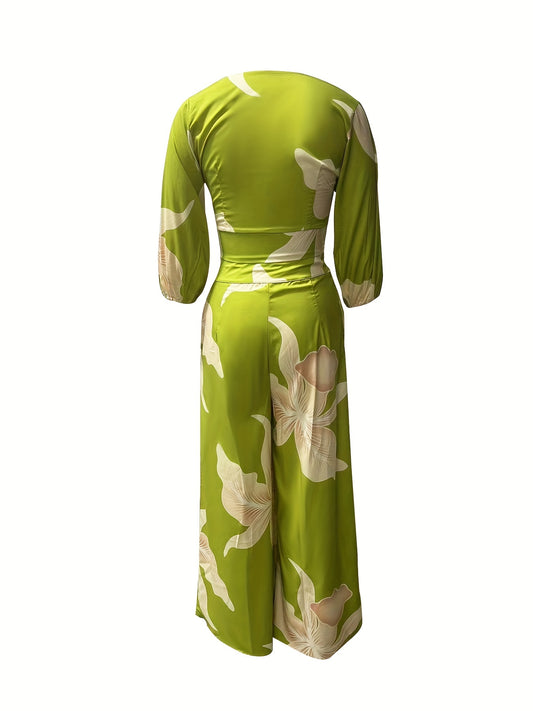 Womens Elegant Floral Print V-Neck Suit Set - Micro Elastic Polyester Fabric, Lace-Up Detail, Wide Leg Pants, Lantern Sleeve Top - Perfect for Spring/Fall Season