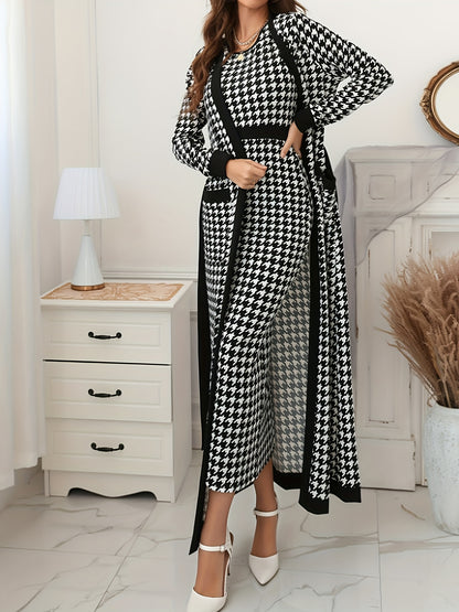 Elegant Houndstooth Pencil Dress Set, Long Sleeve Open Front Tie Waist Duster Cardigan & Bodycon Crew Neck Sleeveless Split Hem Tank Dress Outfits, Women's Clothing