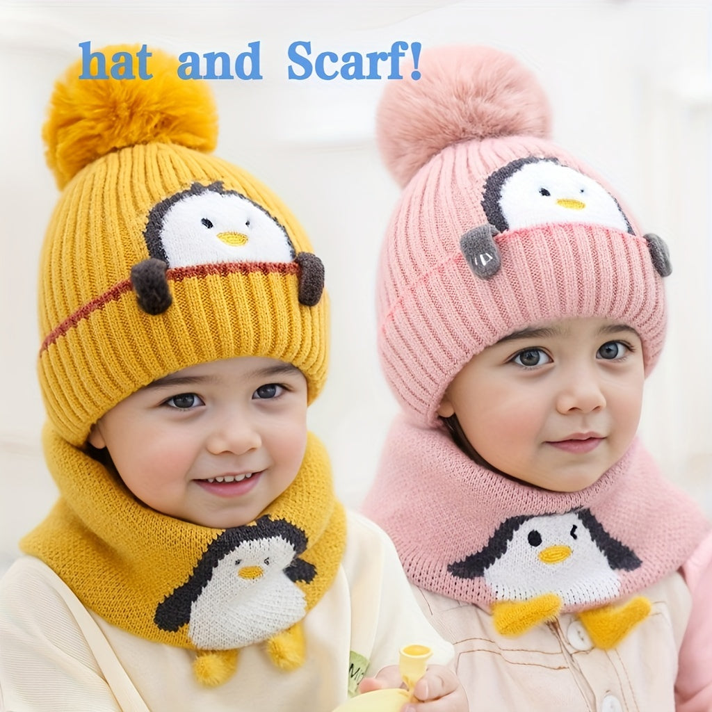 Penguin-Themed Hat & Scarf Combo For Young Ones - Thick, Warm Winter Gear, Ideal For Christmas And Halloween, Suitable For 3 To 14 Years