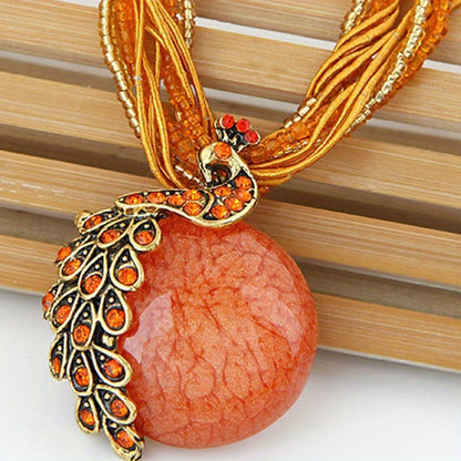 Unique Bohemian Leaf Shaped Peacock Gemstone Pendant Necklace for Women - Vintage Inspired, Alloy Made, No Plating, Perfect for Party Occasions and Valentines Day Gift - Boho Chic, Retro Style, All Season Wear