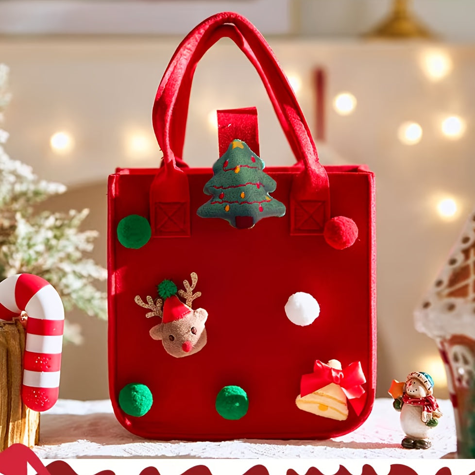 Christmas Felt Tote Handbag with Santa & Reindeer Applique - Minimalist Non-Woven Bag with Fixed Shoulder Straps and Buckle Closure - Baigou Unlined Festive Gift Carry Bag