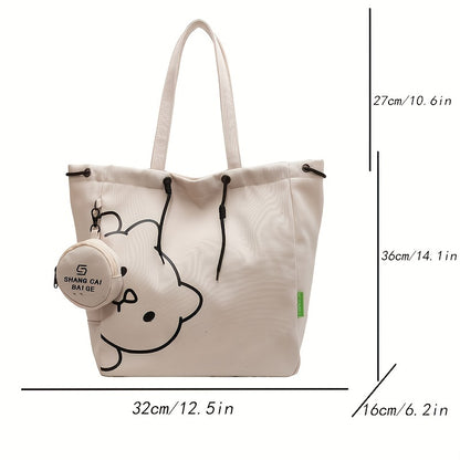 Adorable Cartoon Bear Canvas Tote Bag - Stylish & Durable Shoulder Bag with Matching Mini Coin Purse for Everyday Chic