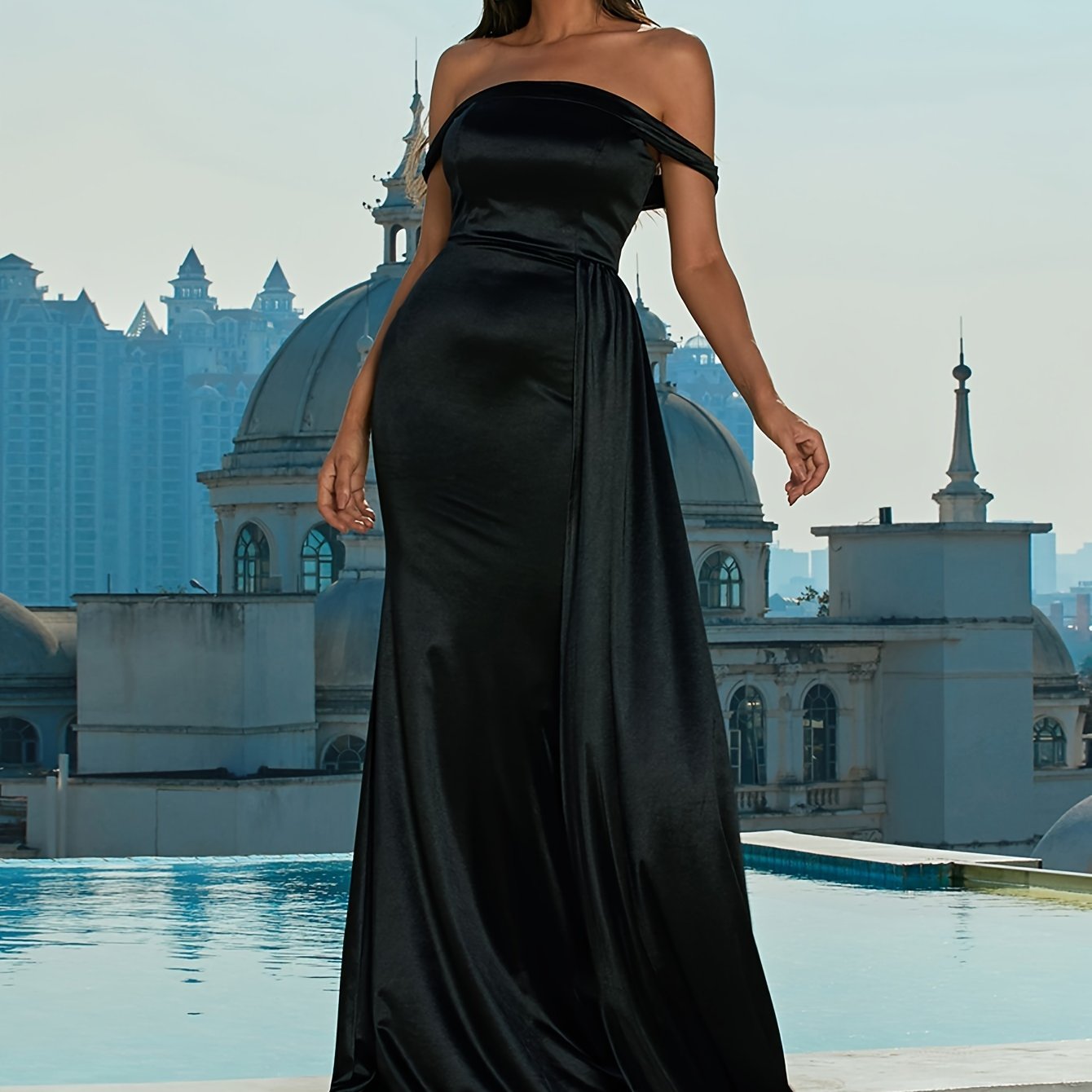 Solid-Colored Off Shoulder Dress - Exquisitely Elegant with Daring Backless Design, Beautifully Ruched Details, Flattering Slim-Fit Silhouette, and Flowing Floor-Length Hem - Perfect for Bridesmaids and Formal Occasions, Womens Formal Wear