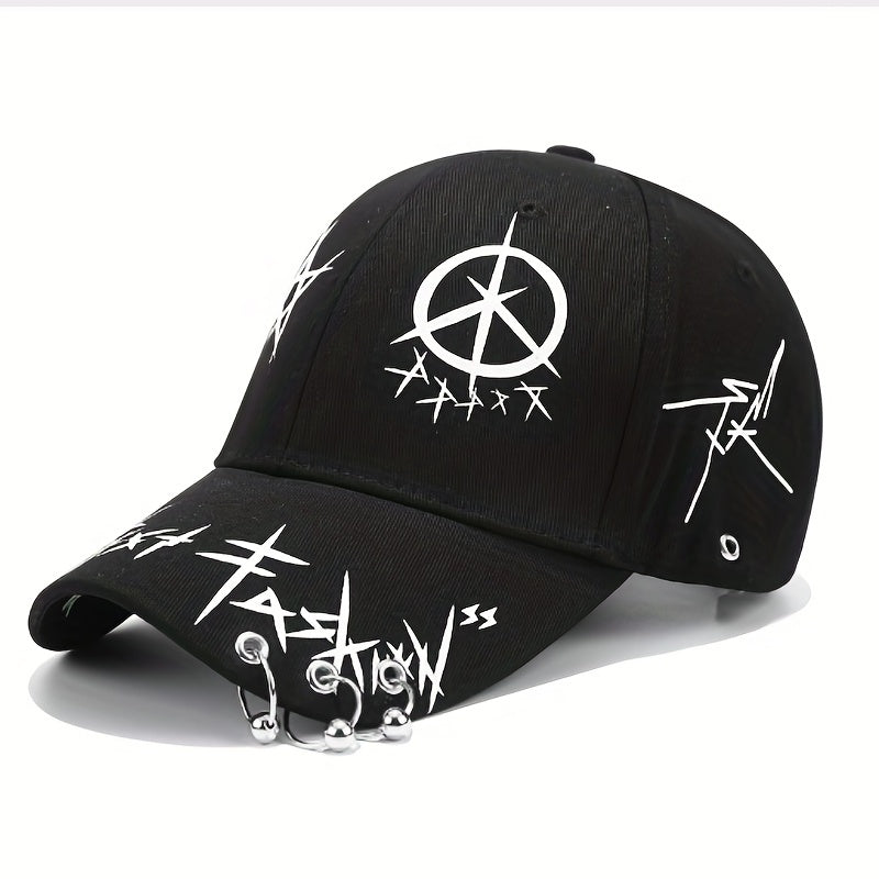 1pc Black And White Stitching Iron Ring Baseball Cap, Cool Versatile Hip-hop Plus Bead Cap