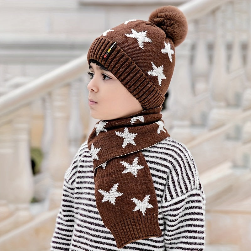 Kids Winter Hat and Scarf Set with Ear Protection, Knit Polyester Fitted Beanie Cap with Pom-Pom and Matching Striped Neck Warmer, Toggle Closure, Hand Wash, Christmas Occasion Themed, for Children Aged 3-14, Perfect for Daily Casual Wear in Fall/Winter