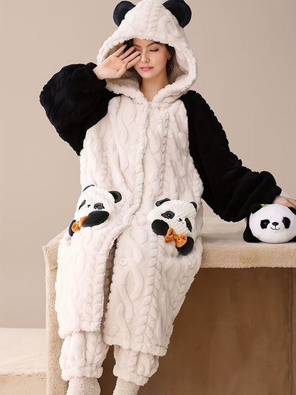 Cute Cartoon Panda Fleece Thickened Jacquard Night Robe For Fall & Winter, Raglan Sleeve Hooded Loose Fit Robe With Pockets, Women's Sleepwear & Dresses