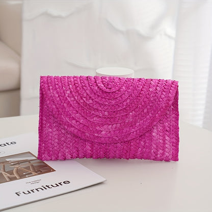 Classic Solid Color Woven Straw Clutch Purse For Women, Envelope Style Flap Coin Purse For Women