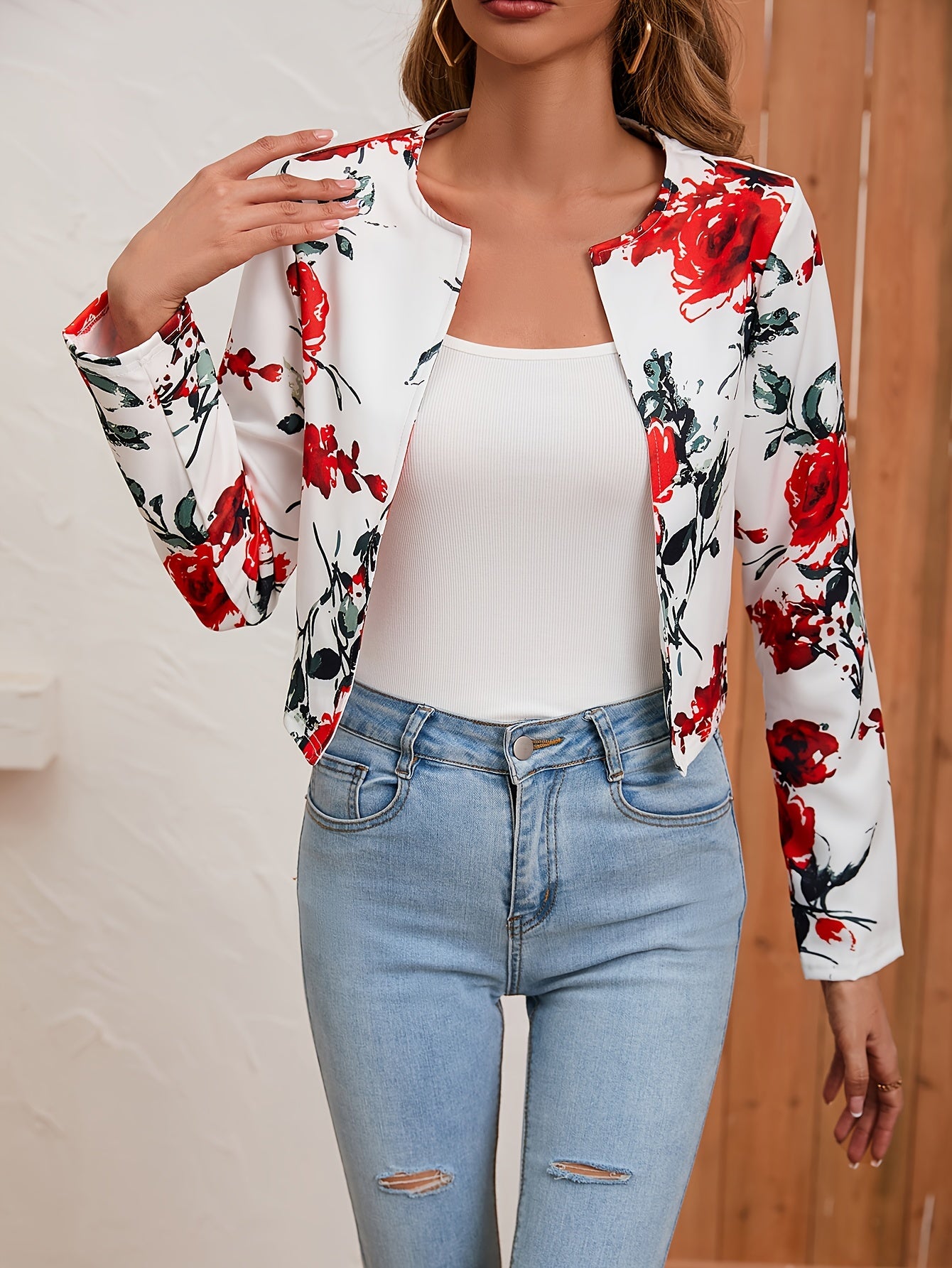 Floral Print Long Sleeve Jacket, Casual Every Day Outerwear For All Season, Women's Clothing