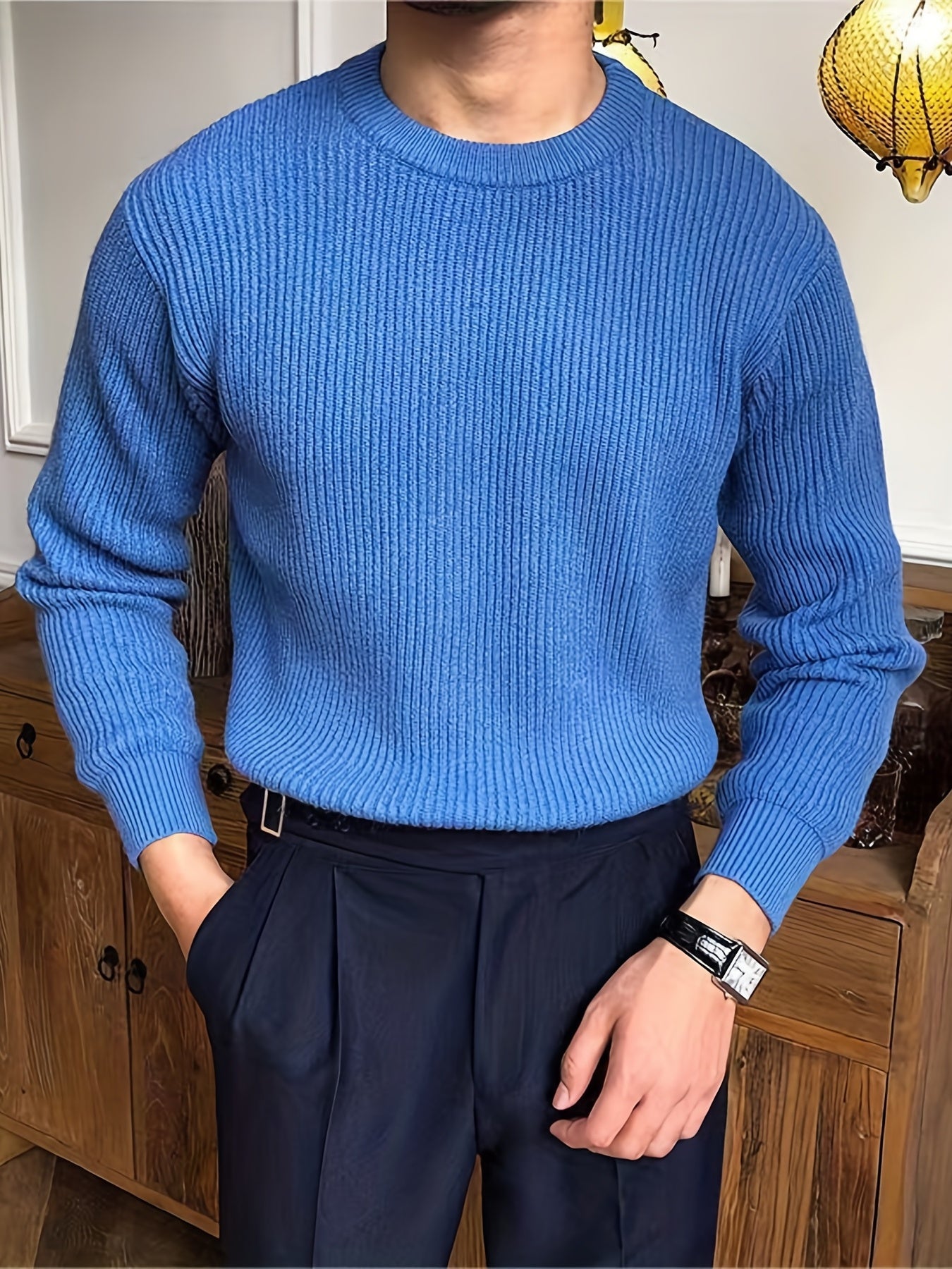 Cozy Crew Neck Sweater - Soft Slightly Stretch Acrylic Knit Fabric, Regular Fit, Solid Color, Machine Washable, Perfect for Fall and Winter - Casual Mens Pullover for Everyday Wear