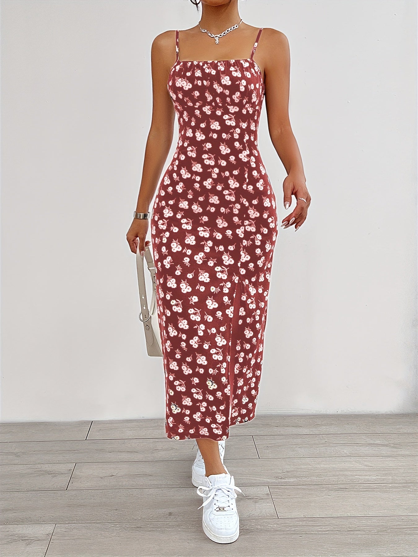 Flirty Floral Print Cami Dress with Flowy Split Hem - Chic Sleeveless Spaghetti Strap Design for Spring & Summer - A Fashionable Must-Have for Womens Wardrobe