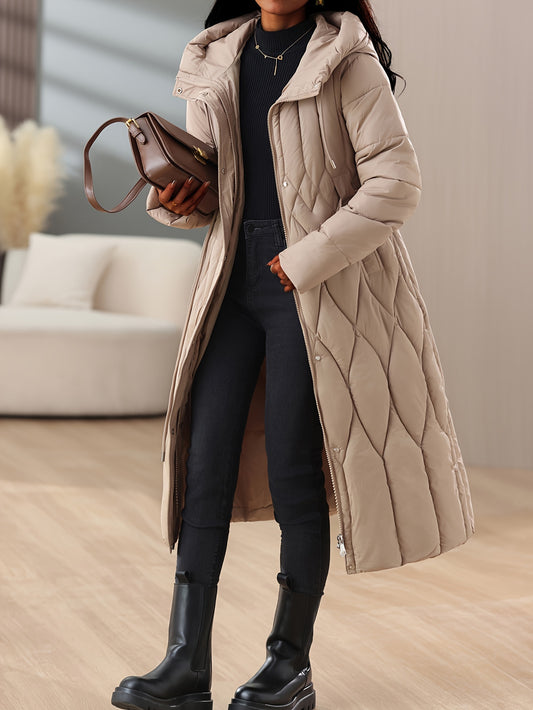 Chic Winter Hooded Coat for Women - Slim Fit, Thick Padded with Belt Detail, Long Sleeve, Machine Washable