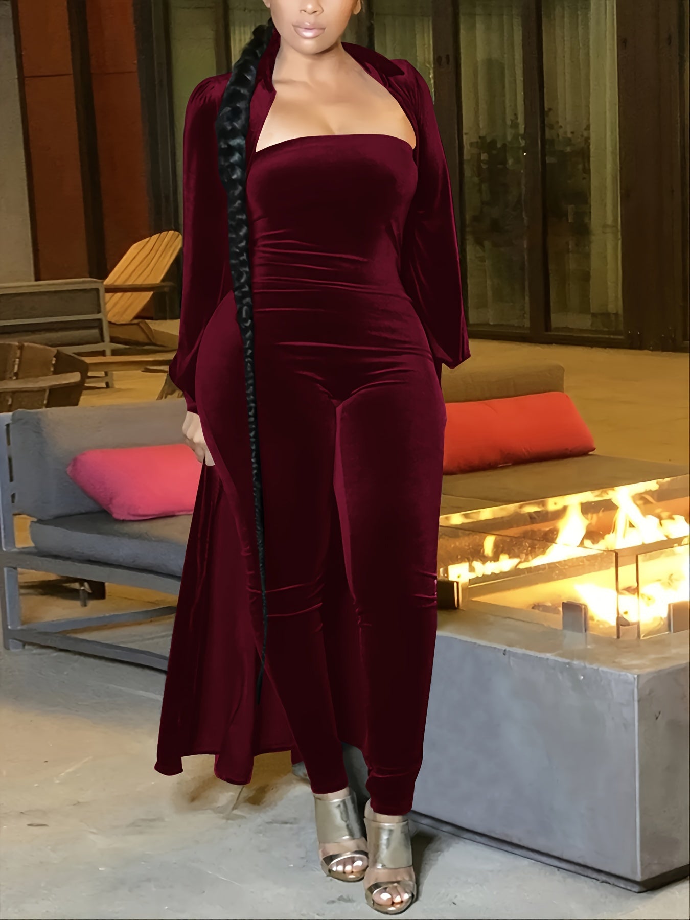 Fashionable Two-Piece Set for Women - Sexy Stretchy Jumpsuit & Chic Cardigan, Easy-Care Knit, All-Season Wear