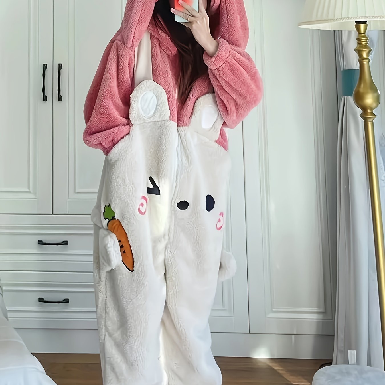 Cartoon Bunny Fuzzy Hooded Night Jumpsuit For Fall & Winter, Cute Long Sleeve Zip Up Pajamas, Women's Sleepwear & Loungewear