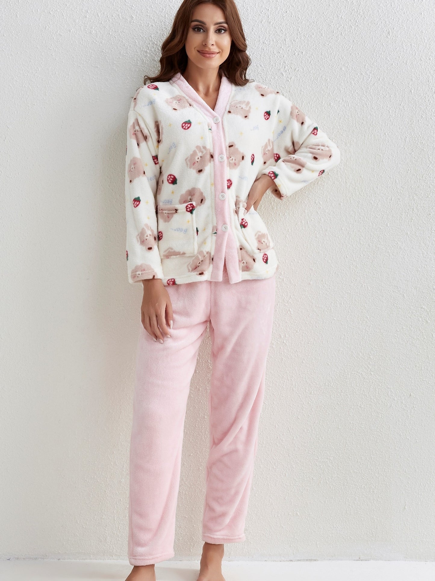 Cartoon Bear Print Pajama Set, Cute Long Sleeve Buttons Top & Elastic Waistband Pants, Women's Sleepwear & Loungewear