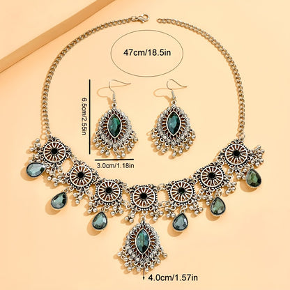 Vintage Exquisite Flower Pattern Synthetic Gems Inlaid Dangle Earrings & Necklace Luxury Ethnic Style Silver Plated Jewelry Jewelry Set Gifts For Women Gifts For Eid