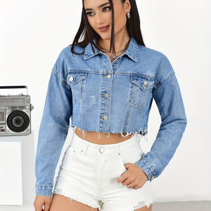 Long Sleeve Solid Color Crop Denim Jacket with Lapel Collar and Flap Pockets - Classic Casual Denim Top for Women - Perfect for Spring, Summer, and Fall Seasons