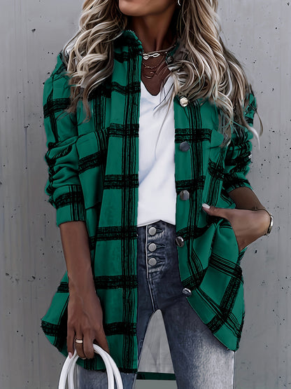 Plaid Shacket Jacket - Relaxed Fit Casual Outerwear with Classic Button Front Closure, Long Sleeves for Added Warmth, Versatile for Daily Wear - Designed Exclusively for Womens Clothing