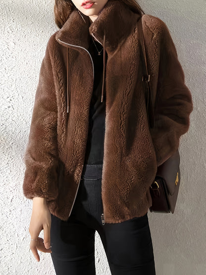 Furry Teddy Drawstring Coat - Women's Fur Outerwear, Casual Long Sleeve Zip Up Warm Jacket with Soft Plush Lining, Perfect for Winter Daily Wear