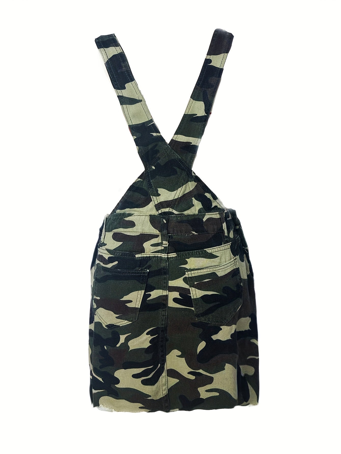 Camo Print Patch Pocket Denim Overall Dress, Adjustable Strap Raw Hem Casual Denim Dress, Women's Denim Jeans & Clothing