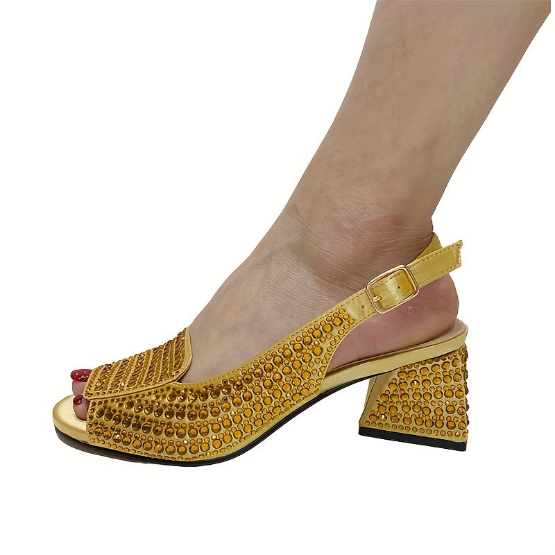 Women's Rhinestone Pattern Sandals, Slip On Peep Toe Casual Chunky Heel Shoes, Versatile Summer Slingback Shoes