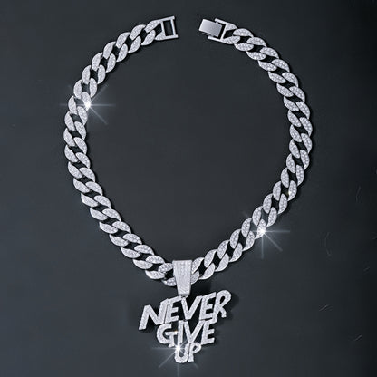 Never give up pendant hip hop Cuban chain necklace, chain length 18in wide 0.59in, gift box