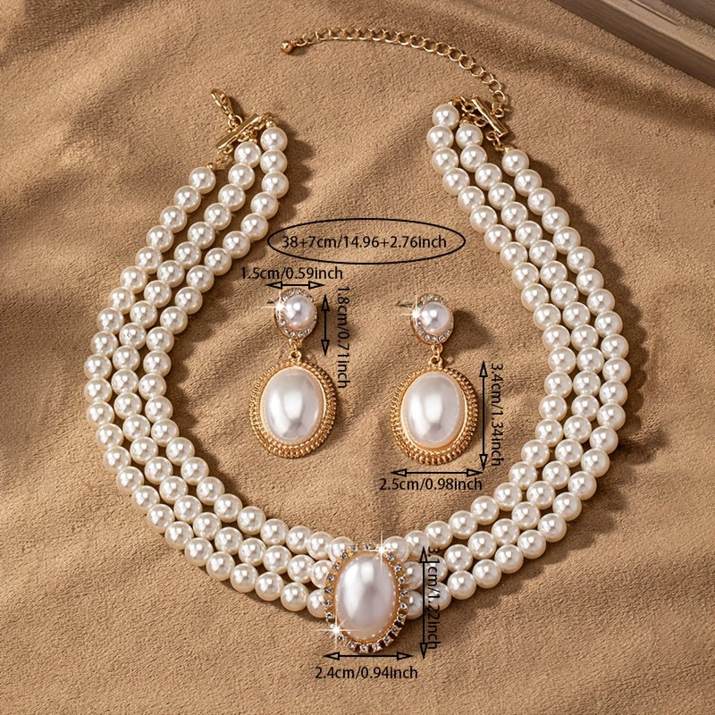 Elegant 14K Gold-Plated Pearl Jewelry Set - Vintage Multi-Layer Necklace & Earrings for Evening & Daily Wear