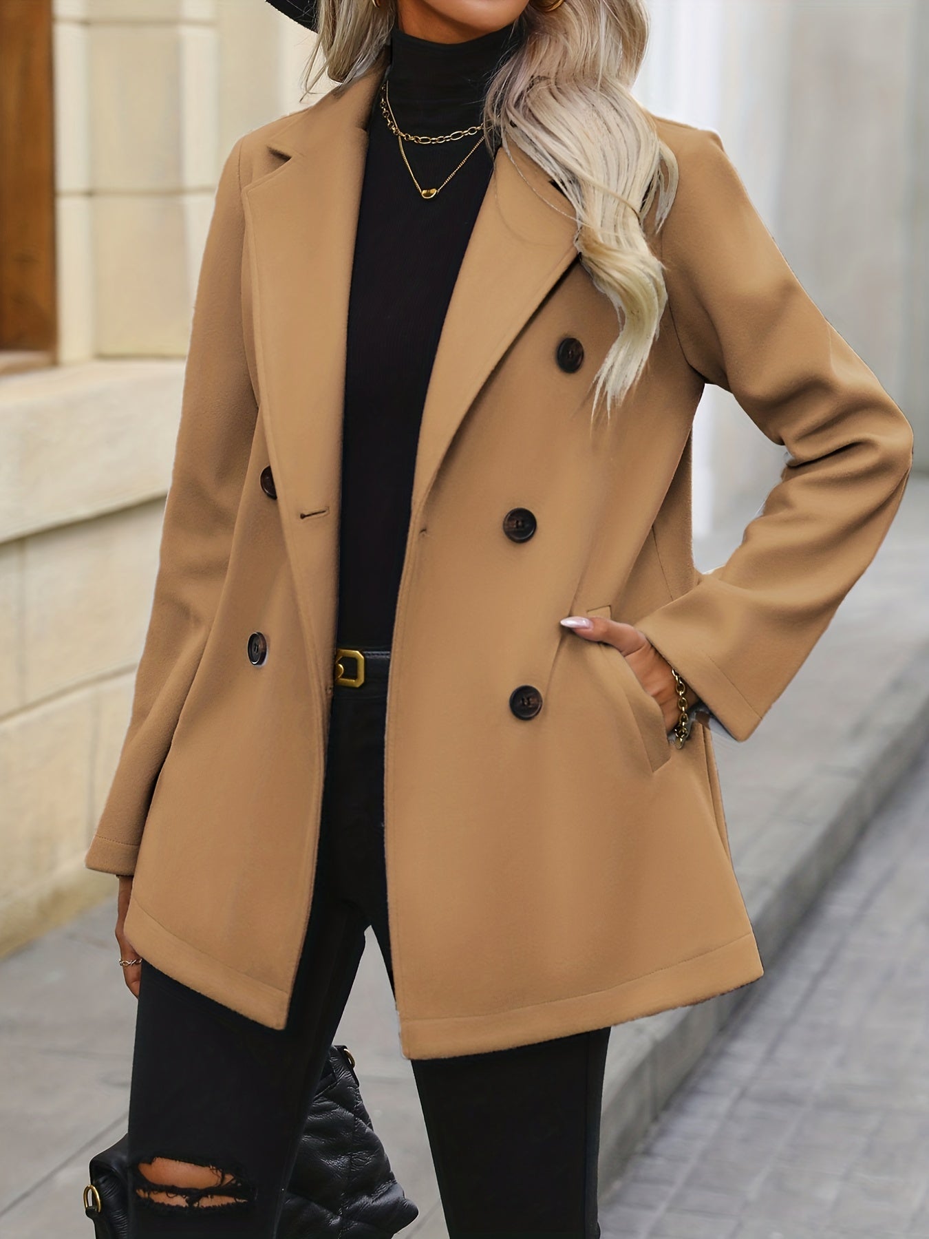 Elegant Double Breasted Long Sleeve Pea Coat - Women's Classic Outerwear with Pockets, Lapel Design, and Chic Style - Perfect for Winter and Formal Occasions