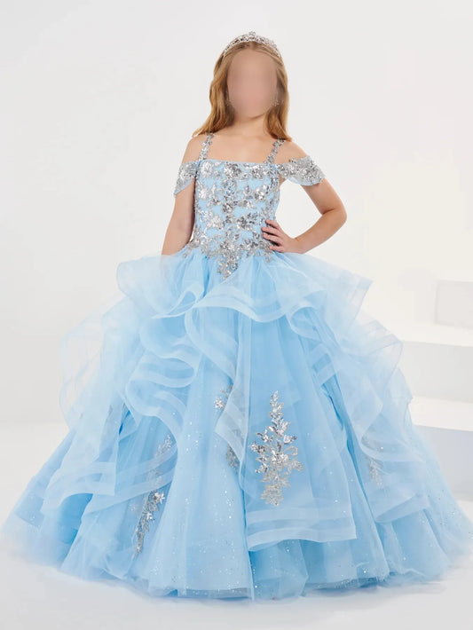 Sky Blue Girl Pageant Dress  Lace Applique Champagne Ruffle Tulle Little Kid Birthday Formal Cocktail Party Gown Infant Toddler Teen Tiny Junior Miss Mini Quince